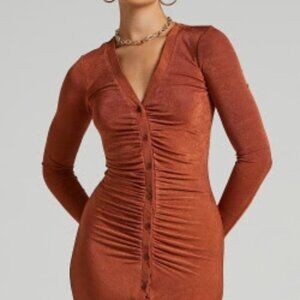 Shanti Ruched Button Mini Dress - Burnt Orange Showpo XL